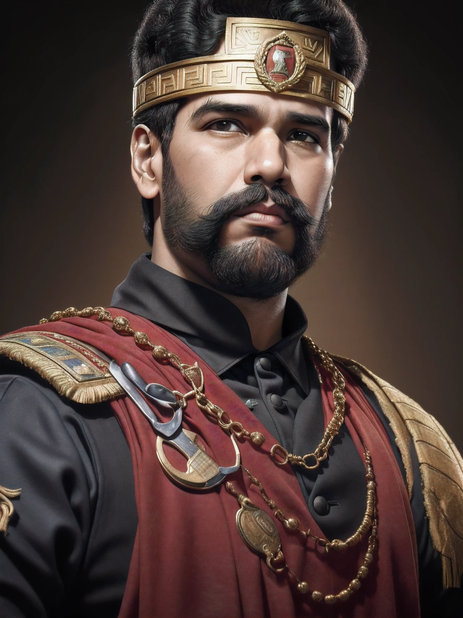 ((1Homem maduro)), com (Costume of the Roman Empire:1.2), ((Autoretrato do rosto:1.3)), rosto realista com detalhas intrincados, com cores vivas, auto contraste, saturarão alta, (fotorrealista:1.5), CGI, UHD, 8K UHD.