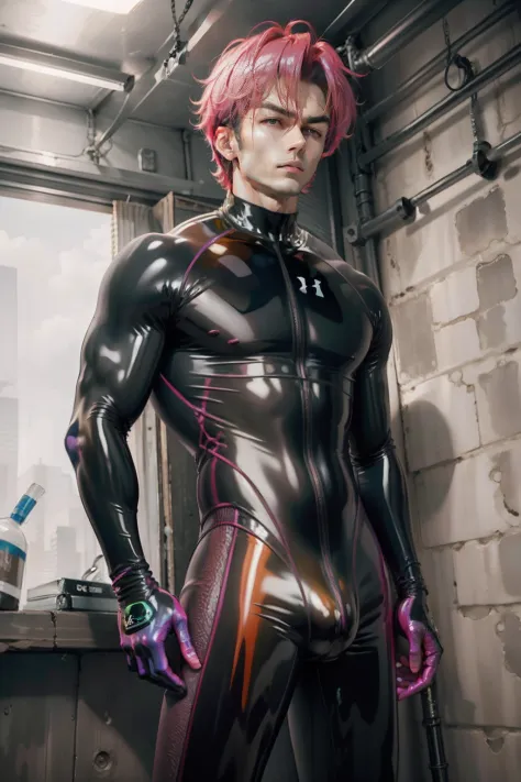 A young man，Sunny and handsome，No beard，chineseidol，Muscular body，large muscle，fully body photo，latex jumpsuit， latex shiny, latex legwear，latex glove，Wear latex clothing, wearing tight suit, Smooth pink skin, catsuits, Wearing latex, shiny plastic, shiny ...