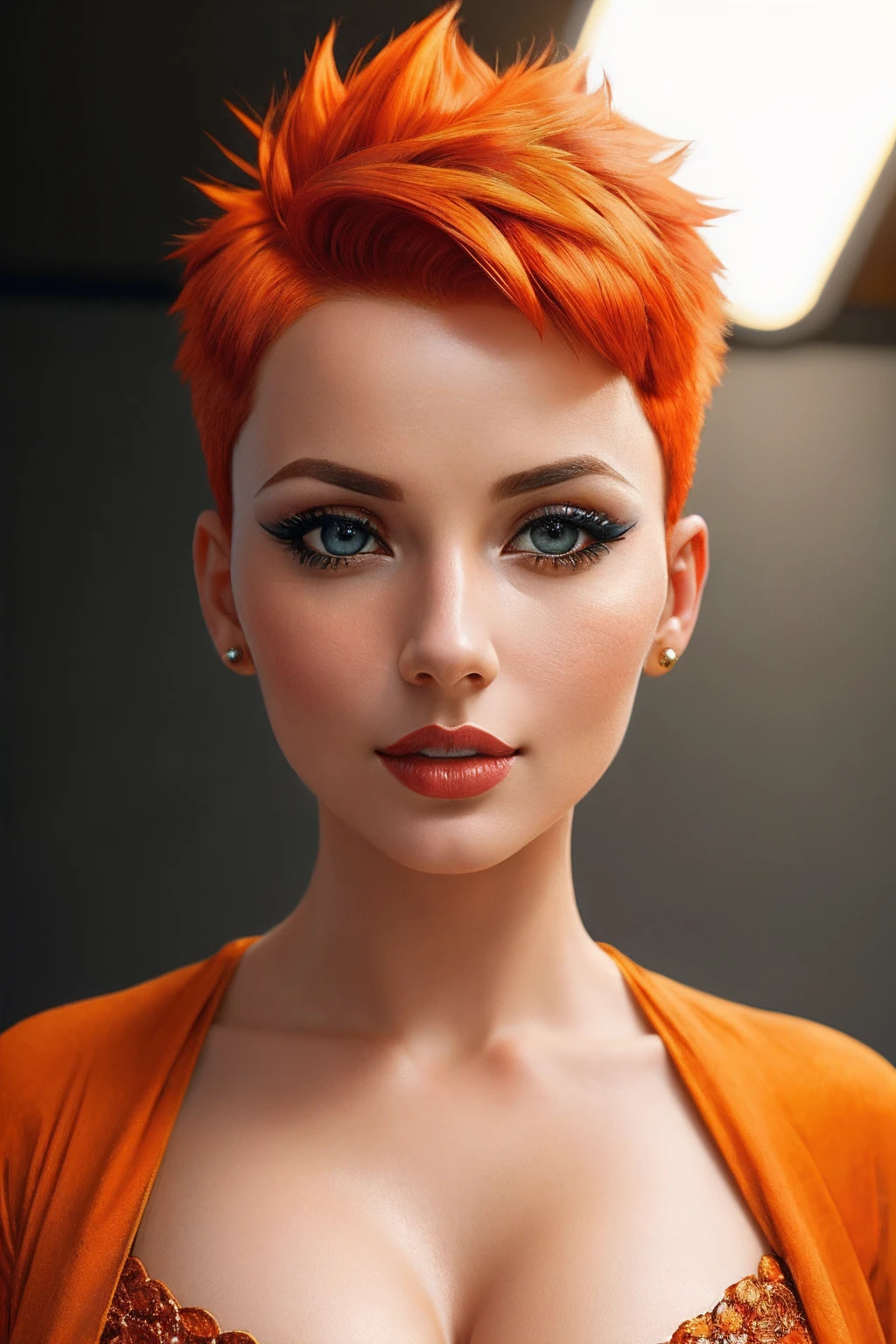 cleavage, (sharp focus:1.2), portrait, ((posing)), (beautiful face:1.1), detailed eyes, luscious lips, ((skindentation)), (bright studio lighting:1.2), portrait of woman by Flora Borsi, style by Flora Borsi, bold, bright colours, orange Mohawk haircut, ((Flora Borsi))