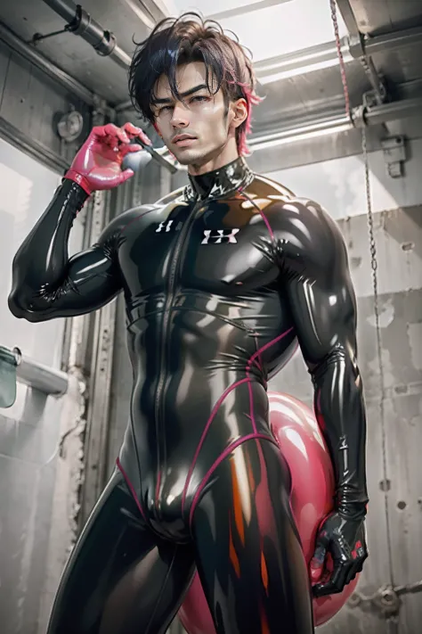 A young man，Sunny and handsome，No beard，chineseidol，Muscular body，large muscle，fully body photo，latex jumpsuit， latex shiny, latex legwear，latex glove，Wear latex clothing, wearing tight suit, Smooth pink skin, catsuits, Wearing latex, shiny plastic, shiny ...