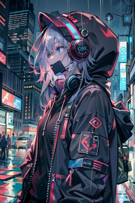 masterpiece, anime girl alone, incredibly absurd, hoodie, headphones, street, outdoor, rain, neon, cyberpunk city, neon lights.