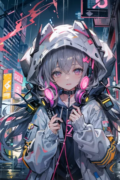 masterpiece, anime girl alone, incredibly absurd, hoodie, headphones, street, outdoor, rain, neon, cyberpunk city, neon lights.