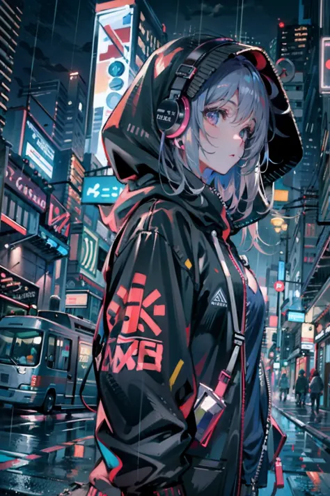 masterpiece, anime girl alone, incredibly absurd, hoodie, headphones, street, outdoor, rain, neon, cyberpunk city, neon lights.