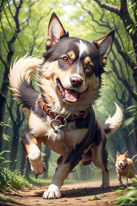 create a magical scene of the brute, an adorable dog shepherd black lemon, laranja fofinho, alegre, amigavel, jumping for joy am...