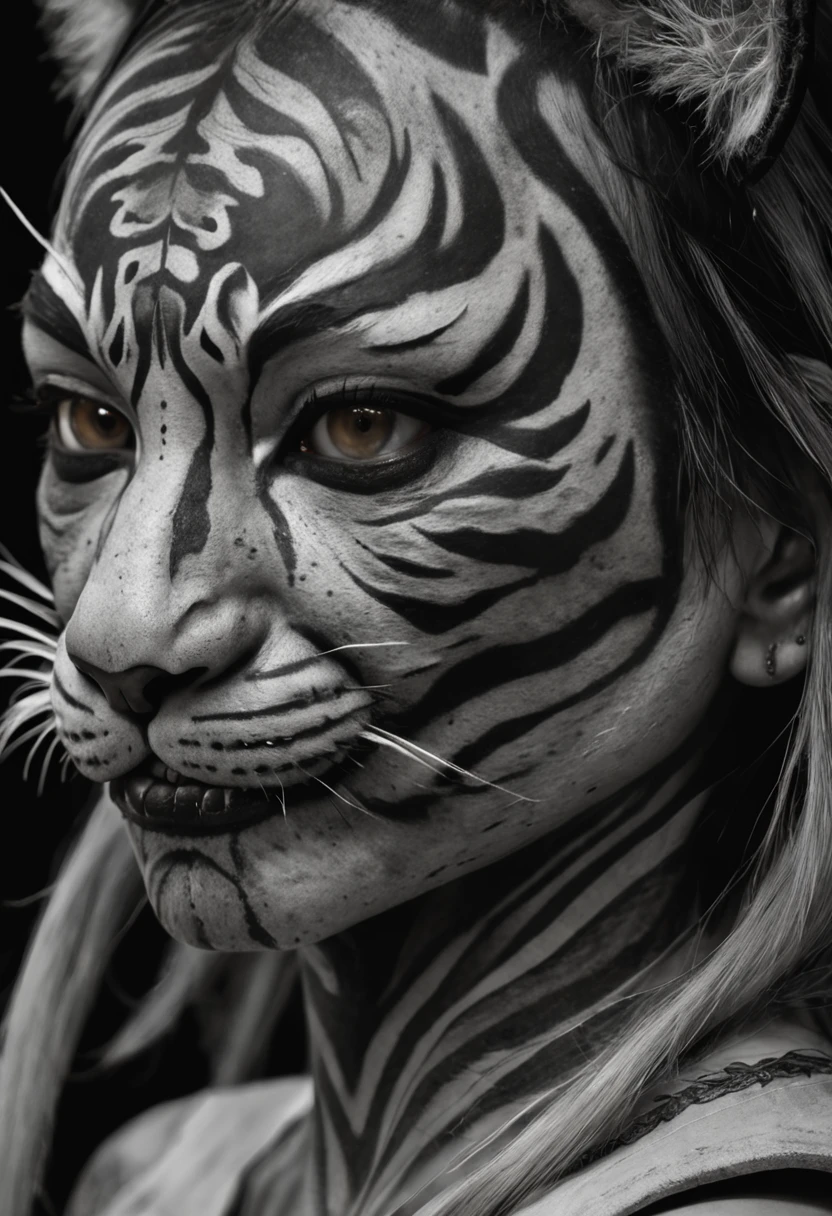 Black and gray realistic tattoo art of tiger withalf +Hannya mask style (((tiger eyes))) +black woman on right side, illustrator, 0mib, masterpiece, high quality, black and gray, monochrome, 8k, high resolution, high detail, japanese, samurai, extremely detailed eyes and face, japan , black woman on right side, beautiful detailed nose, beautiful detailed eyes, light on face, looking at viewer, (1 woman, mature face), realistic face, full lips, captivating smile, realistic body, (RAW photo, best quality ), (realistic, photorealistic: 1,3) , masterpiece, extremely beautiful, extremely detailed,,with ink splatter sketch effect ,he is with open mouth looking very fierce and angry