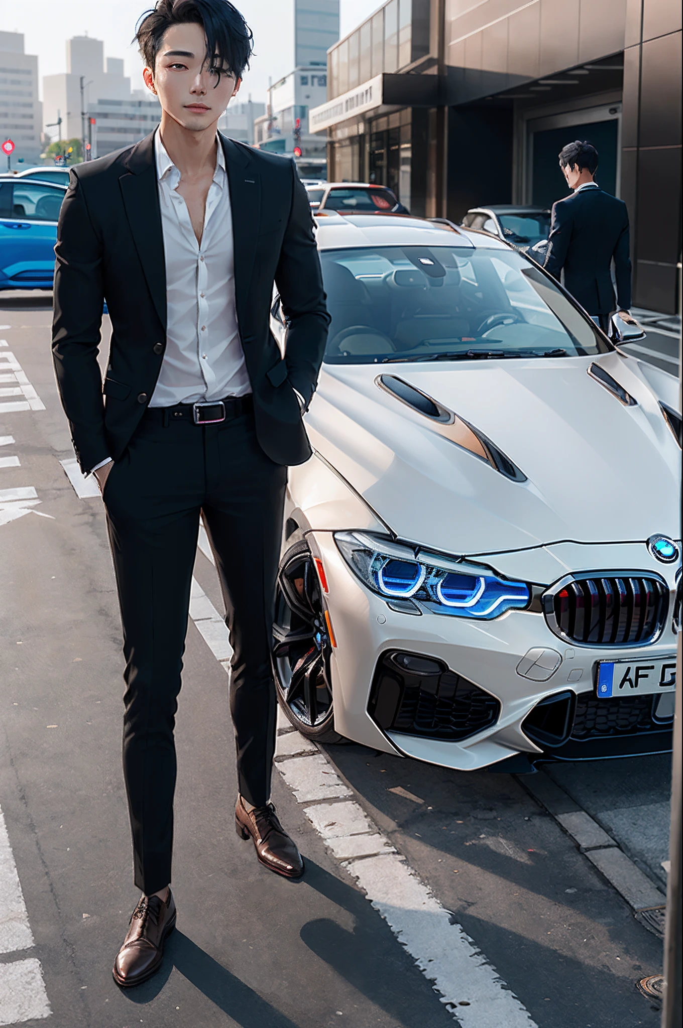 Un homme habille d un costume se tenant devant une voiture BMW SeaArt AI