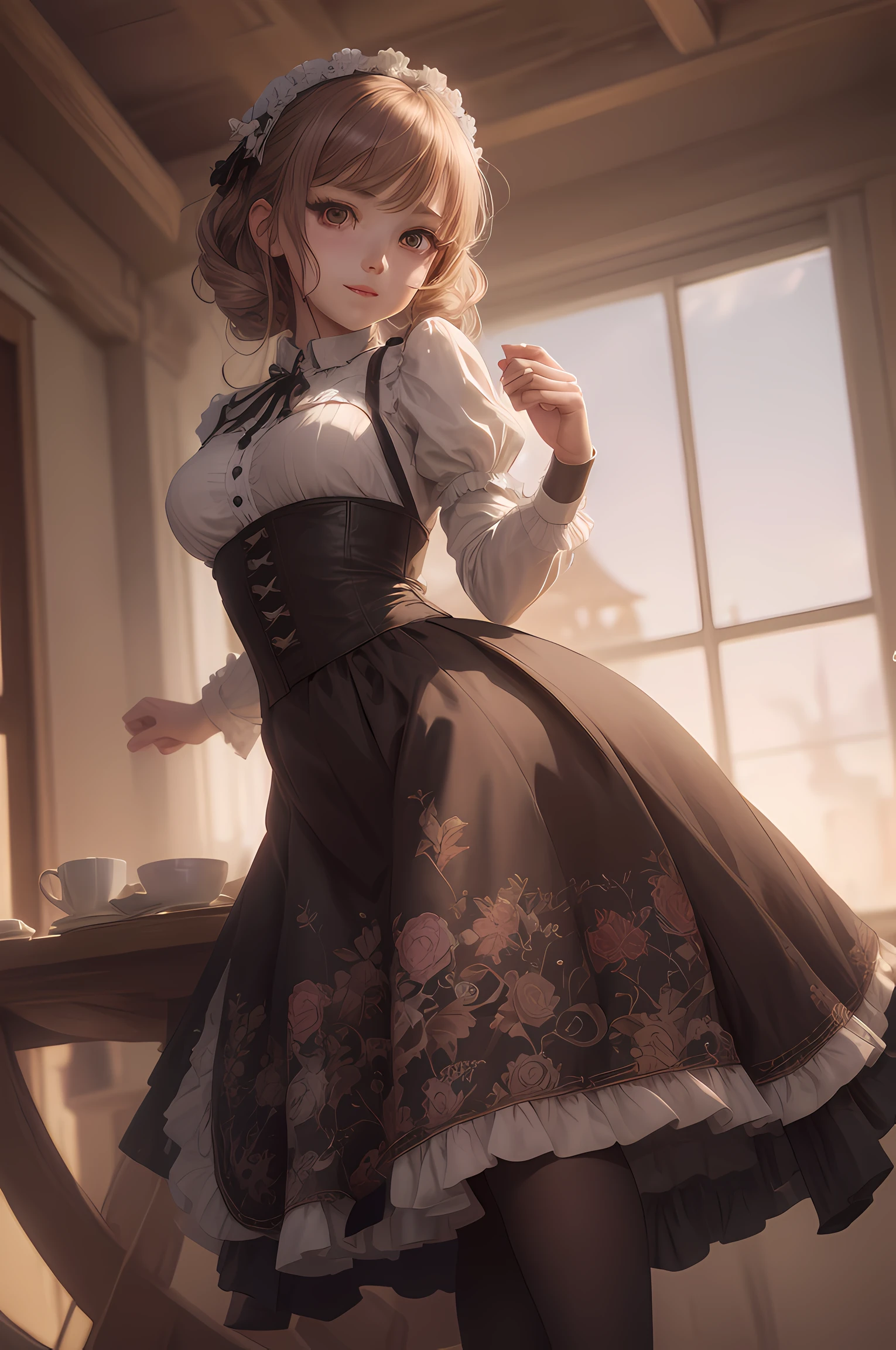 Girl in the form of a maid, Girl in a café, Girl in tights, You can see the underpants, panties under pantyhose, pantyhouse, black tights, little chest, pink eyes, You can see the, Upskirt, Sweet girl, attractive anime girl, beautiful anime girl, Cute beautiful anime woman, detailed digital anime art, beautiful anime girl, beautiful anime girl, Anime with small details, Best Quality, Masterpiece, Ultra-detailed, Beautiful, hight resolution, Original,CG 8K ультрареалистичный, perfect artwork, beatiful face, Face Clean, Skin, hyper realistic, Ultra Detailed, A detailed eye, dramatic  lighting, (Realistic) Realistic, Full HD, Best Quality, Best Quality, Beautiful lighting, (8k wallpaper of extremely detailed CG unit), High Details, sharp-focus, The art of dramatic and photorealistic painting, beautiful smile, close-fitting clothes,