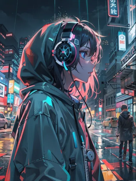 masterpiece, anime girl alone, hoodie, headphones, street, outdoor, rain, neon, cyberpunk city, neon lights.