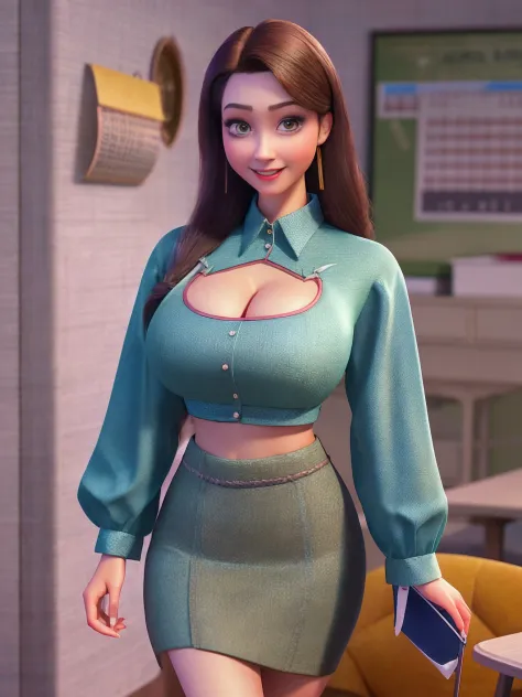 pixarstyle a waist-length portrait of a young woman in a office shirt, smile, office, natural skin texture, 4k textures, hdr, intricate, highly detailed, sharp focus, cinematic look, hyperdetailed, cleavage,  gigantic breasts,  surrealist proportions