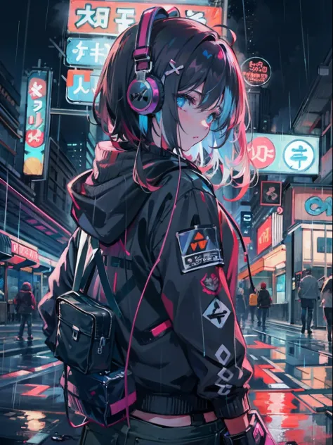 Anime masterpiece, anime girl alone, hoodie, headphones, street, outdoor, rain, neon, cyberpunk city, glowing neon lights.