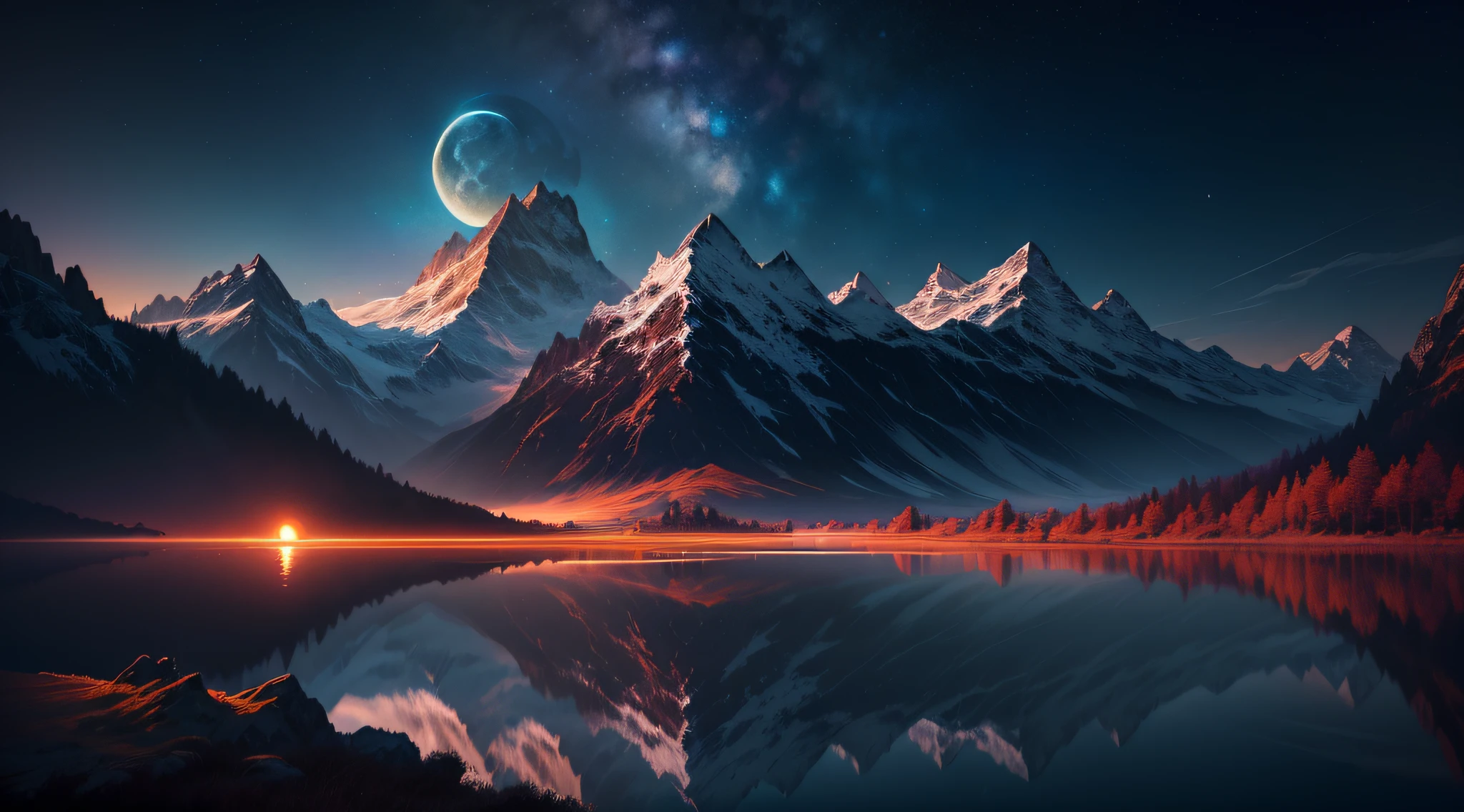 A mountain range with a moon and a lake in the foreground - SeaArt AI