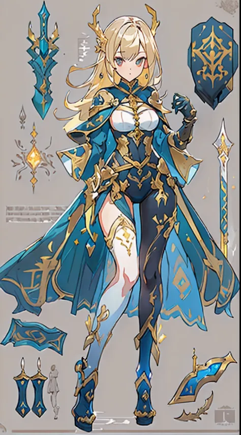 Design a layout showcase Gaming character, ((1girl)), sorcerer:1.2, Golden+Purle clothes, stylish and unique, ((showcase weapon:1.4)), magic staff, (masterpiece:1.2), (best quality), 4k, ultra-detailed, (Step by step design, layout art:1.5), (luminous ligh...