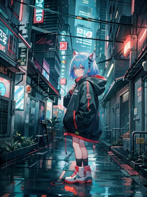 Anime masterpiece, anime girl alone, hoodie, headphones, street, outdoor, rain, cyberpunk city, cinematic lighting, glowing neon lights.