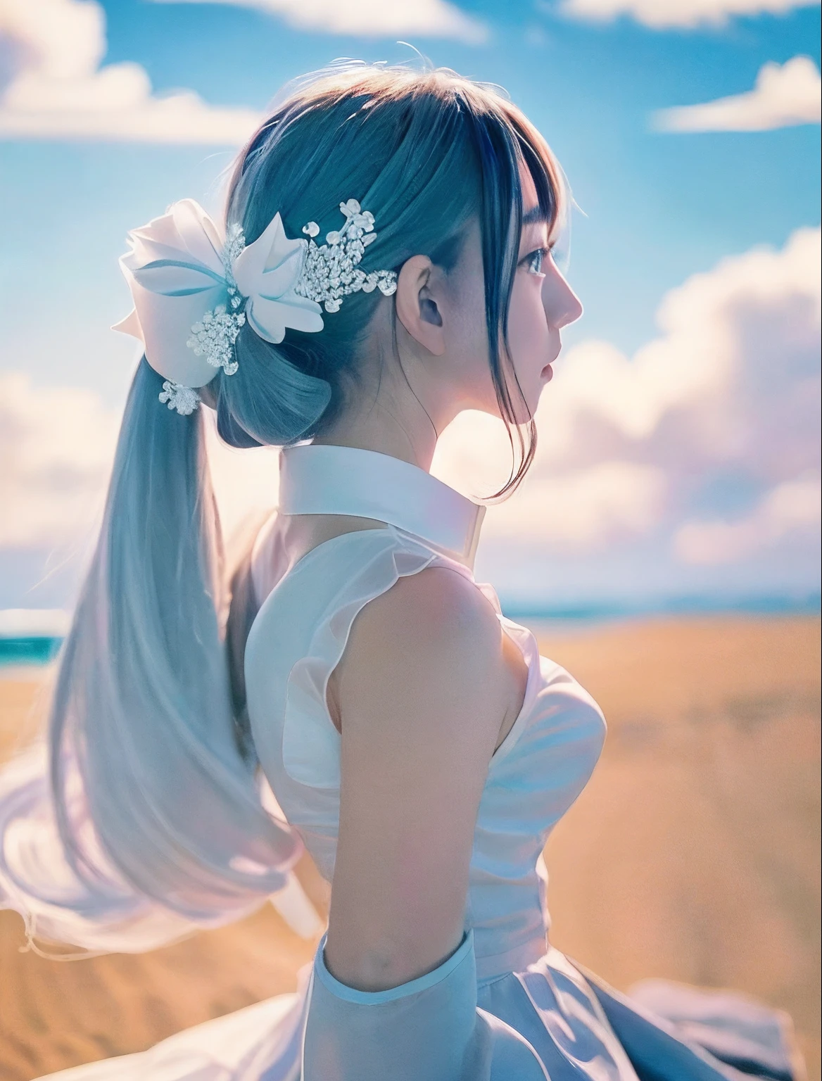 Character Chart、White blue sky、Strong sunshine in summer、the beach、sand beach、shores、Raise one leg。Clear blue sky、Huza、all-fours、Seiza、Hands in the crotch、miku hatsune、Official art, ​masterpiece, Gothic lolita、foco nítido, (Beautiful gorgeous cute korean woman:1.3), (Beautiful cute korean woman:1.3), Korean  beauty, Delicate Beautiful Hair and Eyes and Face, realisitic, ultra-detailliert, a beauty girl, blue-sky, Glow white particles, (side lights:1.2), rays of sunshine, white clouds, Fine clouds, A slender, 1girl in, Dynamic Angle,Full body,   100-layers,masutepiece,supreme,best,amazinig,great,detail,Stylish,Illustration,action SHOT, aiming at viewer, hands on pockets, School uniform, Blunt bangs, Hairpin, Shy,superfine illustration,(((beautiful fine hair))),(((Beautiful Fine Face))),(((Beautiful fine background))),