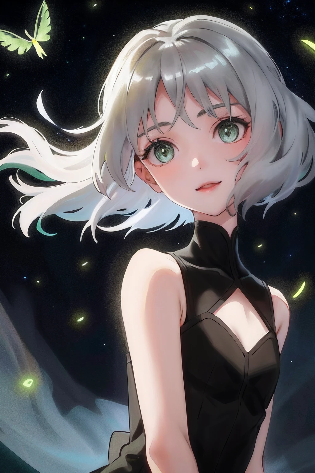 1girl, radiance, soft contours, upper body, 
sanya v. litvyak, smile, short fluffy silver hair, green eyes,
((black dress)), lily hairpin in hair, night sky, stars, flickering fireflies