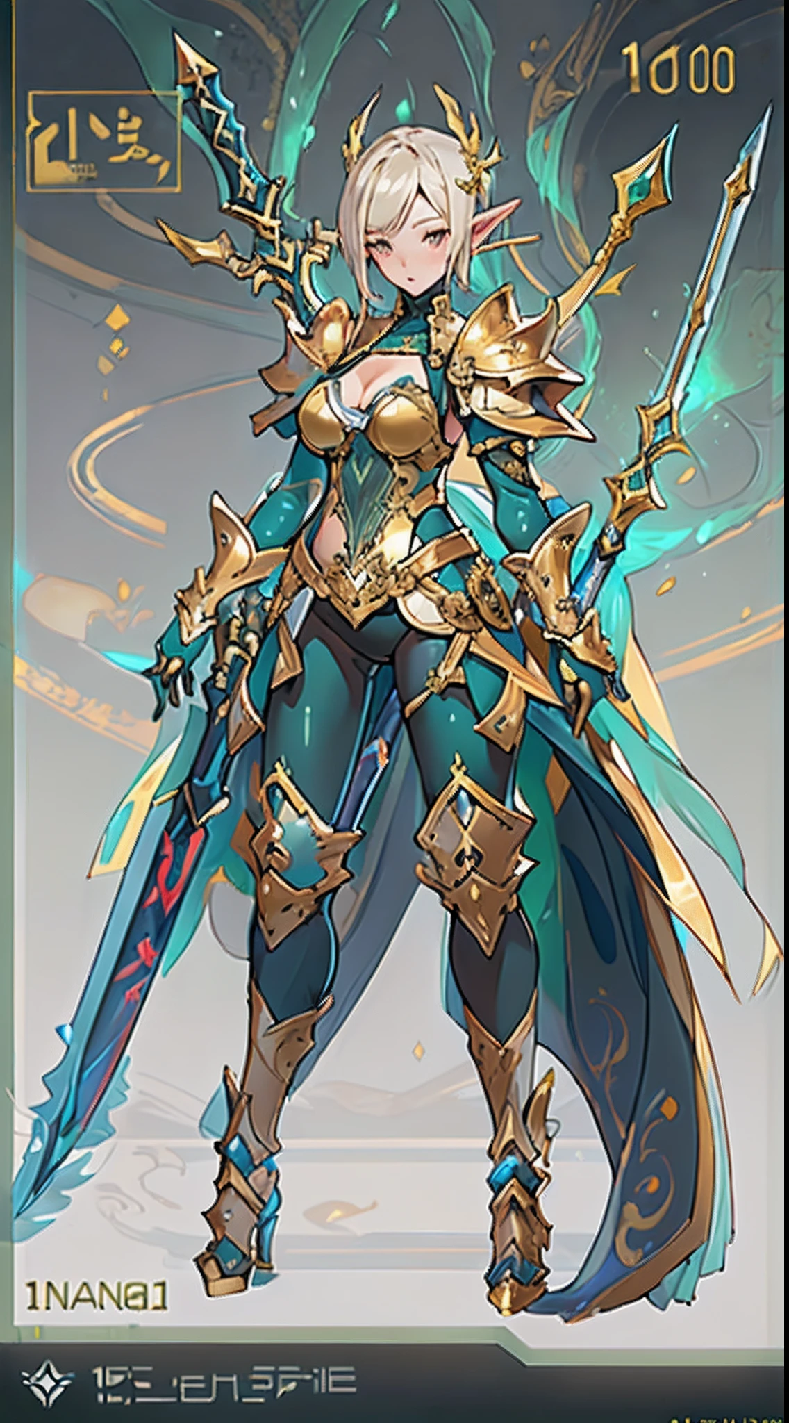 Design a layout showcase Gaming character, ((1elf 10yo)), big_boobs. Golden+Purle clothes, stylish and unique, ((showcase weapon:1.4)), magic staff, (masterpiece:1.2), (best quality), 4k, ultra-detailed, (Step by step design, layout art:1.5), (luminous lighting, atmospheric lighting), Final Fantasy style, magican, ((glove full hands)), fran, viera, (((revealing clothes:1.3))), vambraces, armored legwear, (((full_body_shot:1.4))), Niji, back_view