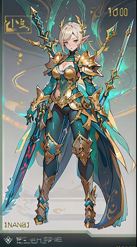 Design a layout showcase Gaming character, ((1elf 10yo)), big_boobs. Golden+Purle clothes, stylish and unique, ((showcase weapon:1.4)), magic staff, (masterpiece:1.2), (best quality), 4k, ultra-detailed, (Step by step design, layout art:1.5), (luminous lig...