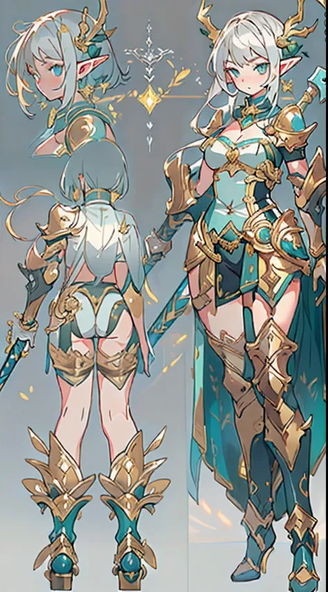 Design a layout showcase Gaming character, ((1elf_kid)), big_boobs. Golden+Purle clothes, stylish and unique, ((showcase weapon:1.4)), magic staff, (masterpiece:1.2), (best quality), 4k, ultra-detailed, (Step by step design, layout art:1.5), (luminous ligh...