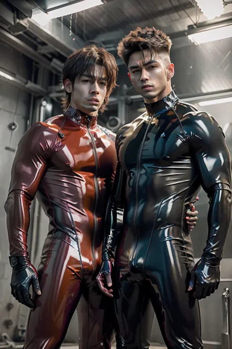 shinji，Sunny and handsome，Muscular body，large muscle，fully body photo，latex jumpsuit， latex shiny, latex legwear，latex glove，Shin Evangelion，Put on the battle base，Tight combat suit，Latex Combat Suit，Wear latex clothing, wearing tight suit, Smooth pink ski...