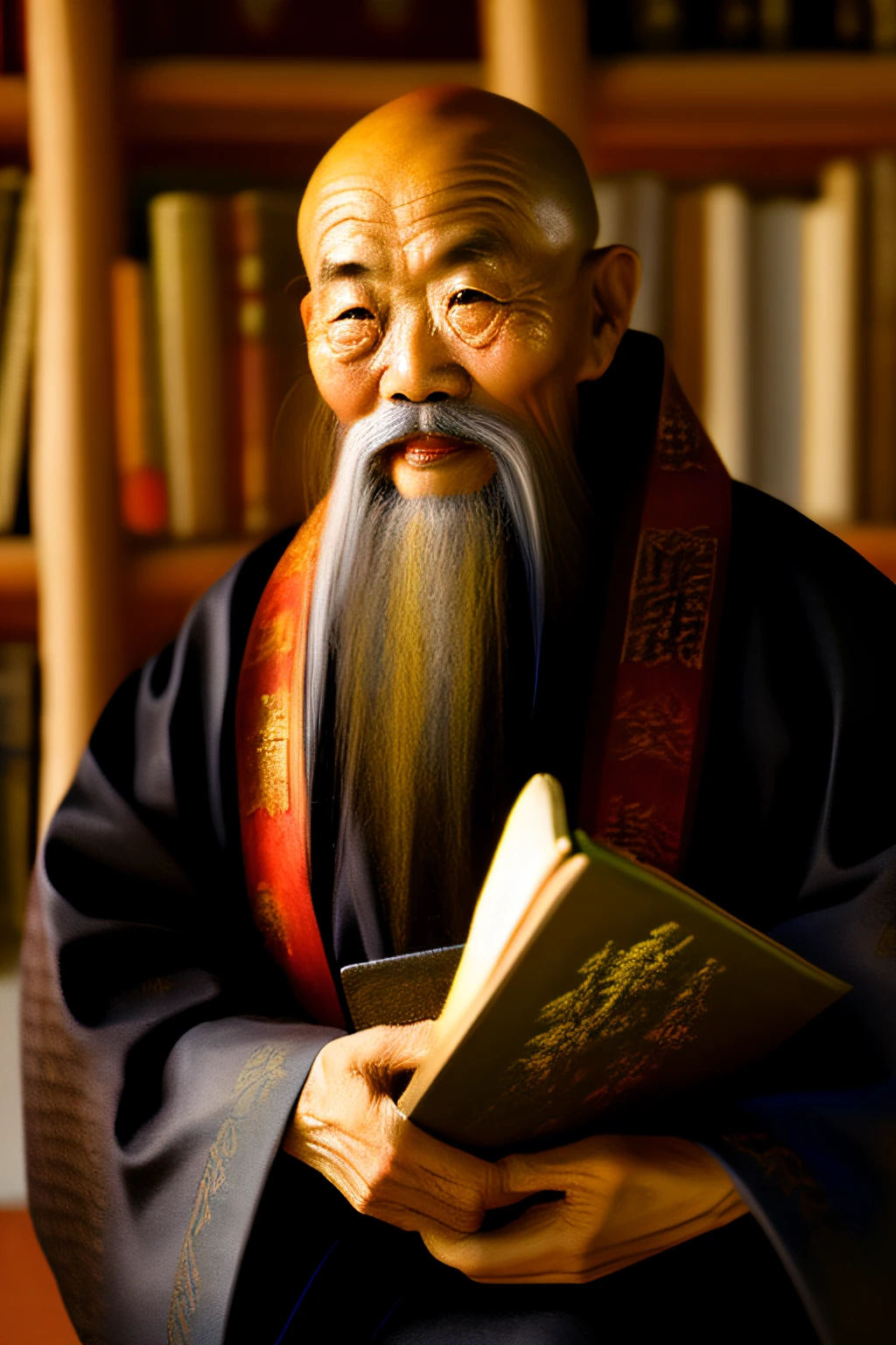 I raised an old Chinese sage and philosopher holding a book