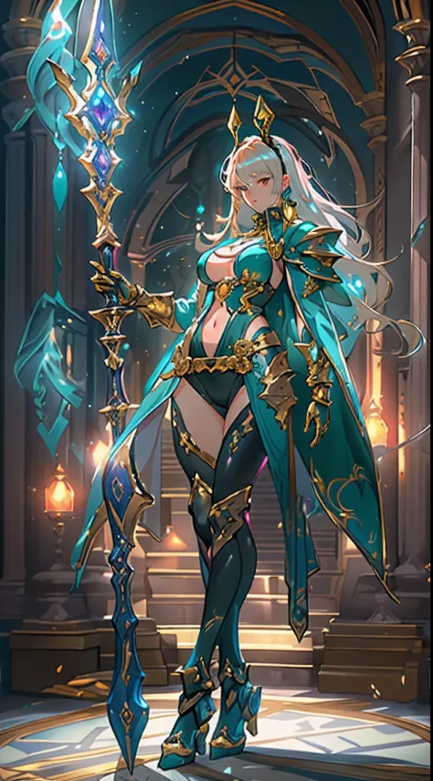Design a layout showcase Gaming character, ((1girl)), big_boobs. Golden+Purle clothes, stylish and unique, ((showcase weapon:1.4)), magic staff, (masterpiece:1.2), (best quality), 4k, ultra-detailed, (Step by step design, layout art:1.5), (luminous lightin...