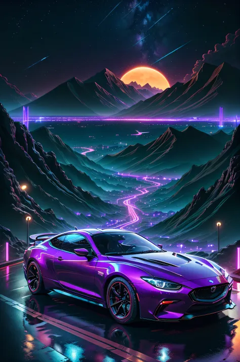 retrowave. city, 2018 Mazda M6,wide body kit, road,  purple neon lights, sun, mountain, 
(masterpiece,detailed,highres),