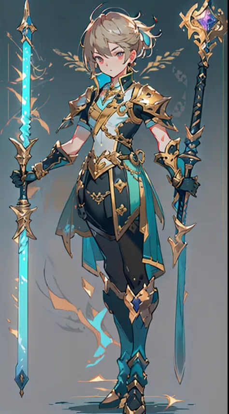 Design a layout showcase Gaming character, (1boy). Golden+Purle clothes, stylish and unique, ((showcase weapon:1.4)), magic staff, (masterpiece:1.2), (best quality), 4k, ultra-detailed, (Step by step design, layout art:1.5), (luminous lighting, atmospheric...