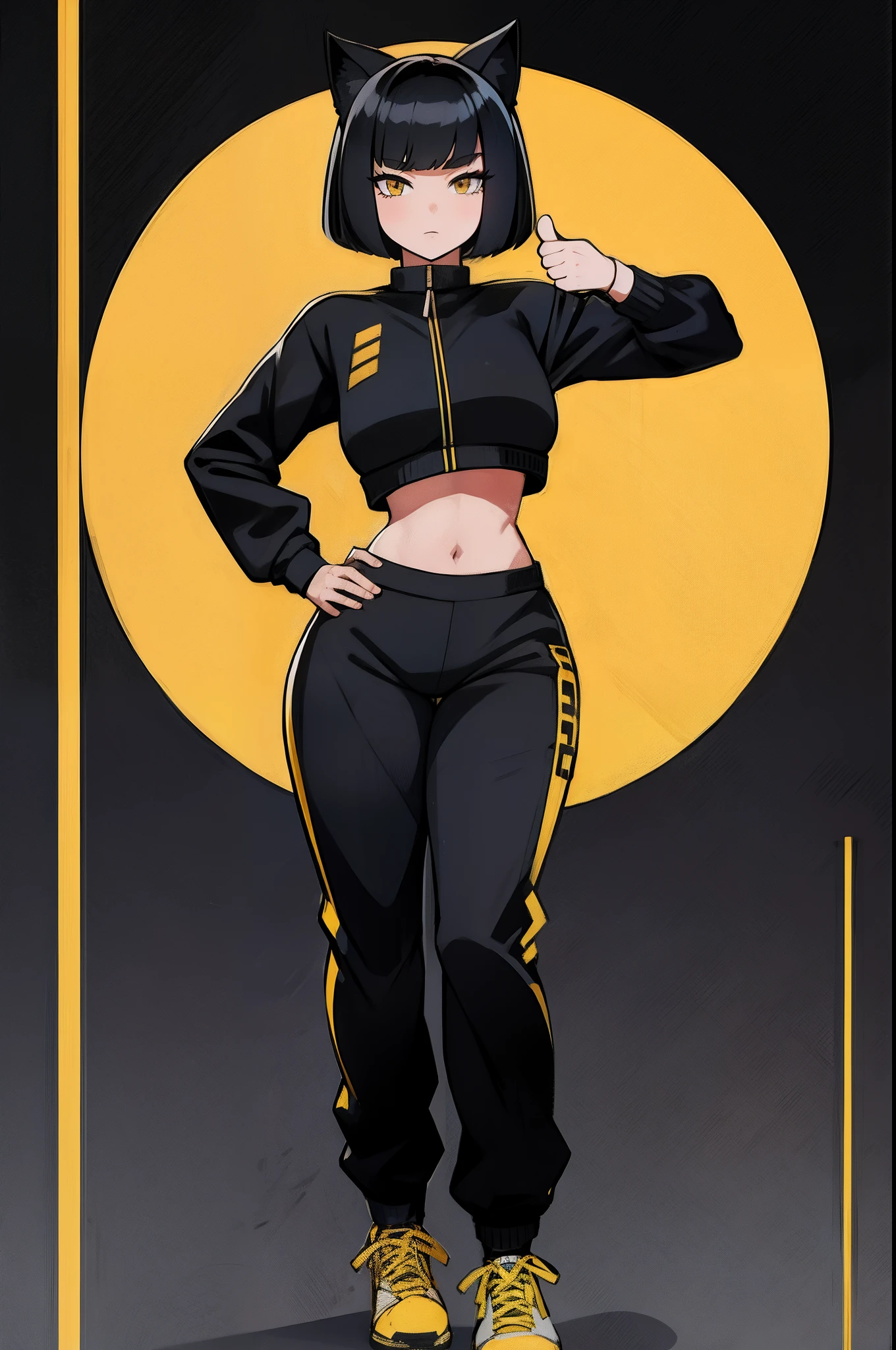 A cartoon picture of a woman in a black outfit and yellow shoes - SeaArt AI