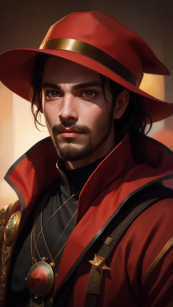 there is a man with a red and black face and a red hat, retrato de arte conceito de fantasia, chengwei pan em artstation, rossdr...