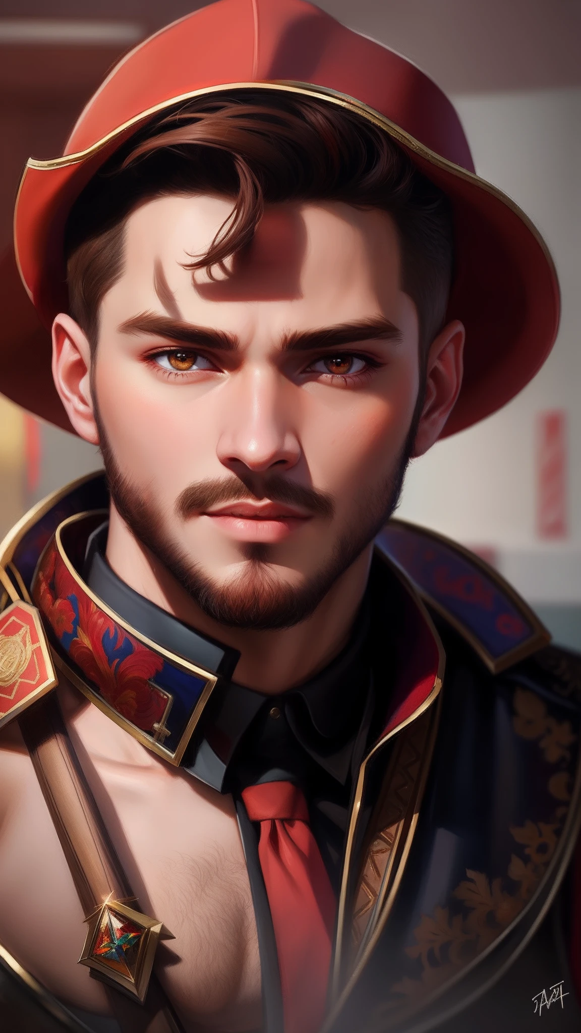 There is a man with a red and black face and a red hat, retrato de arte conceito de fantasia, Chengwei Pan em ArtStation, RossDraw Retrato, Wojtek FUS, RPG retrato arte conceitual, retrato da arte do conceito do personagem, retrato masculino da fantasia, retrato closeup de um mago, wlop e ross tran, Artgerm e Atey Ghailan, Epic portrait illustration