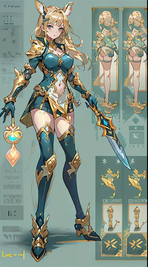 Design a layout showcase Gaming character, (1girl). Golden+Purle clothes, stylish and unique, ((showcase weapon:1.4)), magic staff, (masterpiece:1.2), (best quality), 4k, ultra-detailed, (Step by step design, layout art:1.5), (luminous lighting, atmospheri...