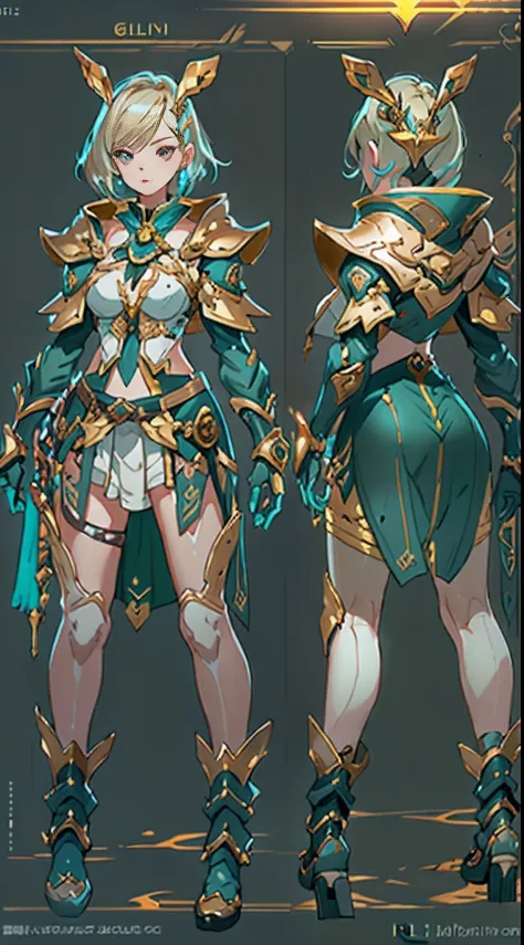 Design a layout showcase Gaming character, (1girl). Golden+Purle clothes, stylish and unique, ((showcase weapon:1.4)), magic staff, (masterpiece:1.2), (best quality), 4k, ultra-detailed, (Step by step design, layout art:1.5), (luminous lighting, atmospheri...