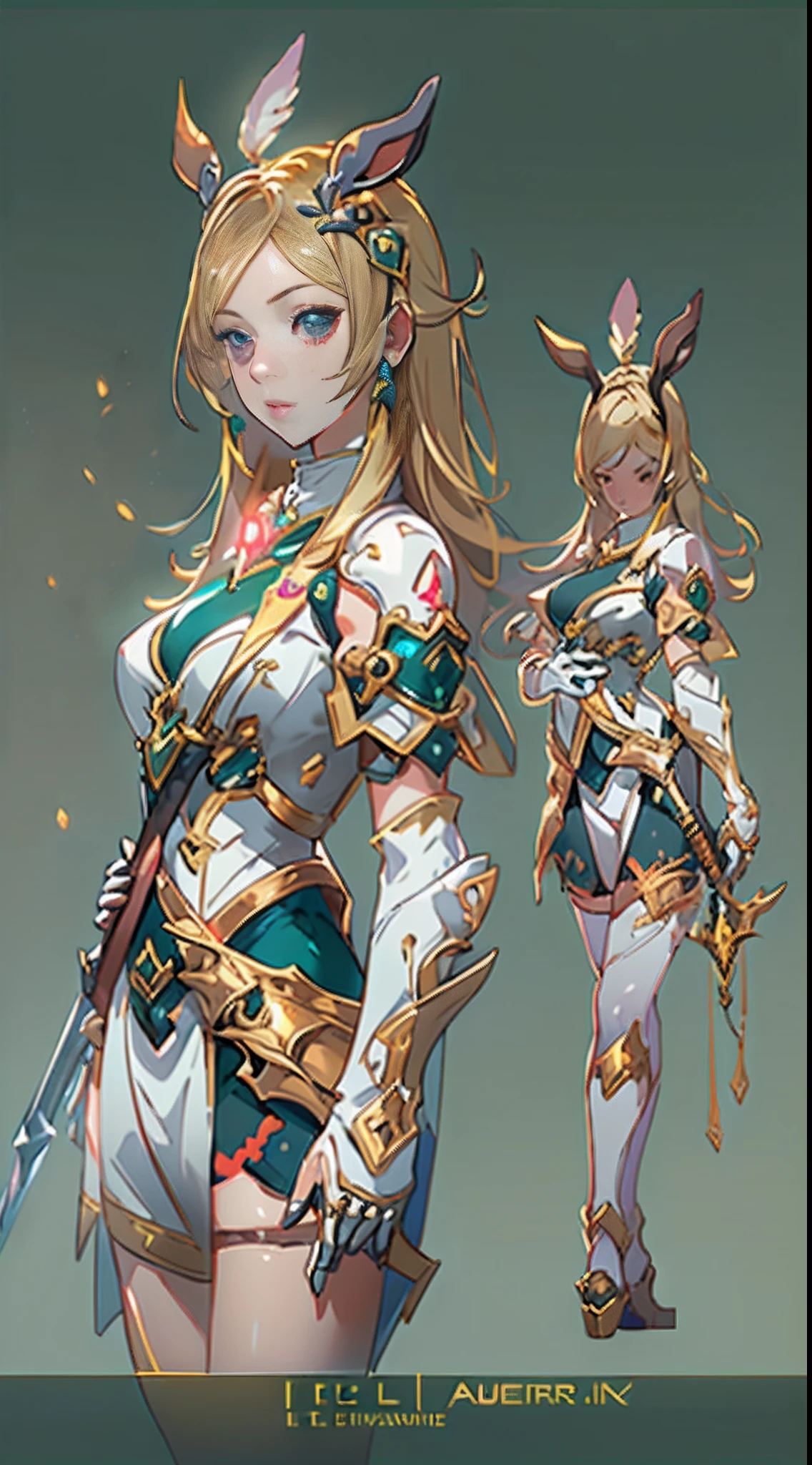 Design a layout showcase Gaming character, (1girl). Golden+Purle clothes, stylish and unique, ((showcase weapon:1.4)), magic staff, (masterpiece:1.2), (best quality), 4k, ultra-detailed, (Step by step design, layout art:1.5), (luminous lighting, atmospheric lighting), Final Fantasy style, magican, ((glove full hands)), fran, viera, (((revealing clothes:1.3))), vambraces, armored legwear, (((full_body_shot:1.4))), Niji
