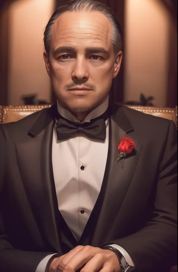 Sitting on chair, in dark room,
Black_suit,Black_jacket,shirt,tuxedo,red_Rose in his lapel, (Close-Up:1.0),(face_focus:1.0),(upp...