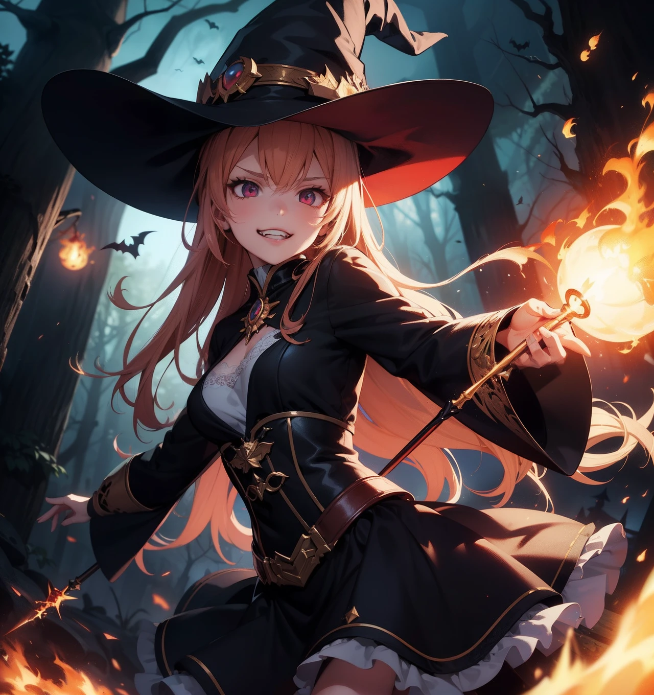 masterpiece, best quality, absurdres, novel illustration, 1girl, young, long hair, cinematic composition, cinematic angle, (dynamic pose:1.3), witch costume, hat, magic wand, fireball, magic, (casting spell:1.3), night, dark forest, bats, evil grin