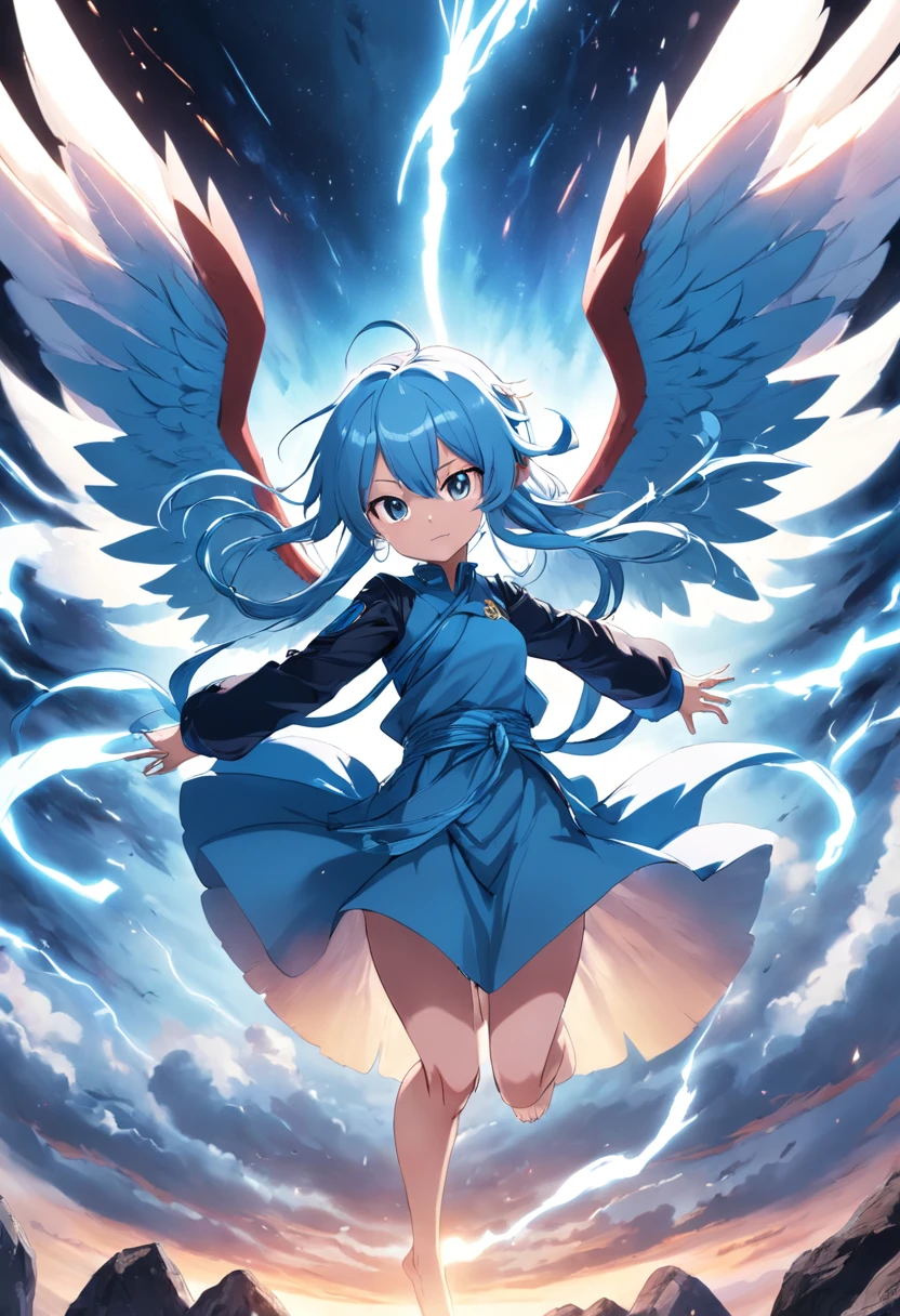 A woman with blue hair and wings flying through the air - SeaArt AI