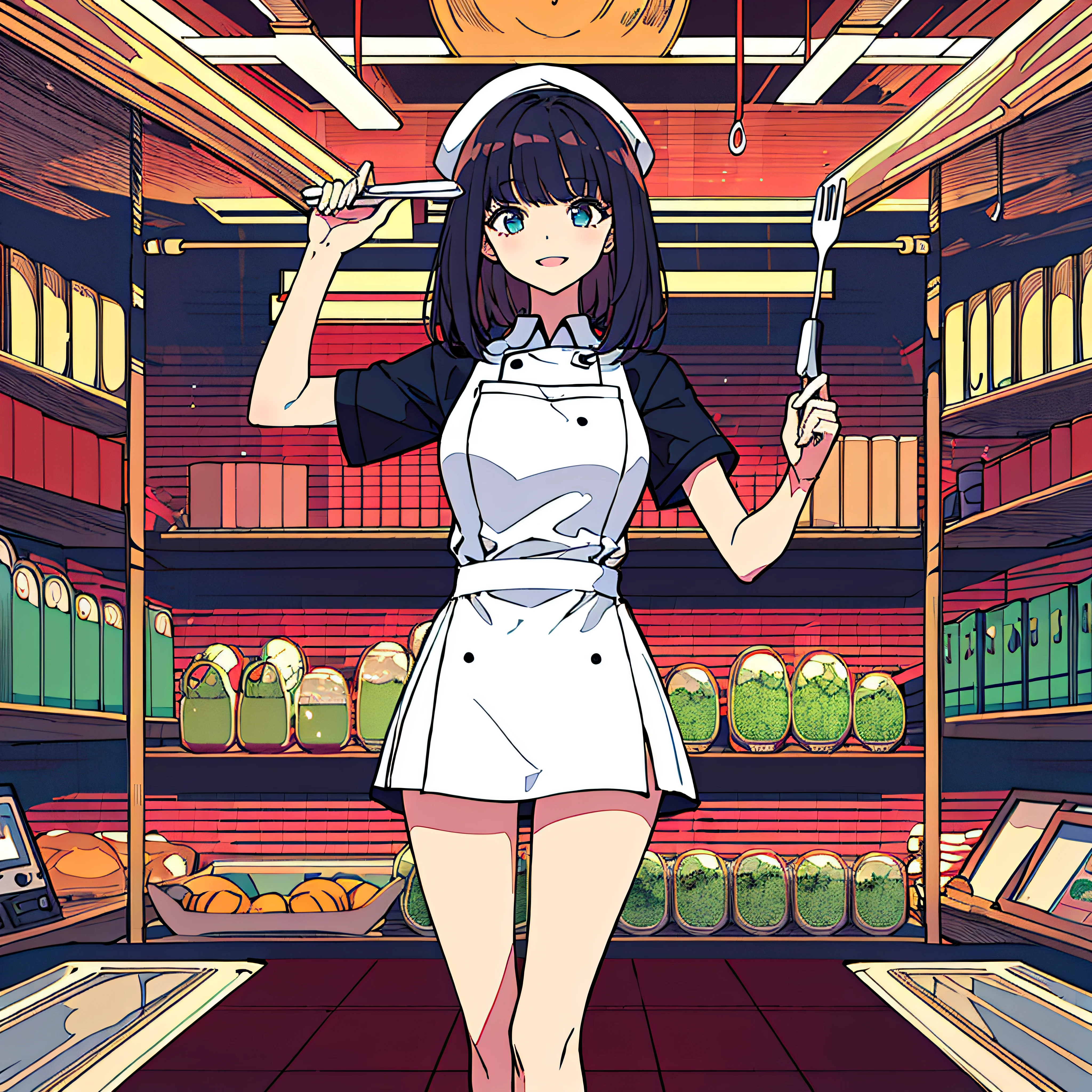 Masterpiece artwork, intricate-detail, best qualityer, captura de fully body, 1girl, Youngh, 12 years old, 独奏, fully body, mid hair, bangss, Bblack hair, slickedback hair, blue colored eyes, Girl standing, ssmile, cook outfit, Italian chef uniform, looking at side, looking at someone else, from sideways, girl in profile looking at side, garota from sideways, girl in profile, Red and white sneakers, long sleeves, perfil, holding a spatula,holding a frying pan, Head Chef Hat,