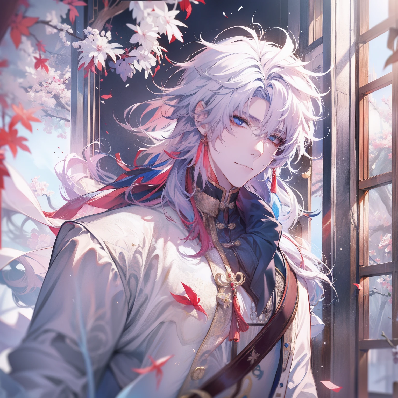 Blade from honkai star rail, calm, detailed, beautiful face, calm atmosphere, looking at viewer, interesting composition, full body, between window, masterpiece, best quality, 1 male, adult, handsome, tall, finely detailed eyes and detailed face, white hair, extremely detailed CG unity 8k wallpaper, intricate details, intricate details, maple leaves, maple, calm, good, kind, happy, white hair, blue eyes