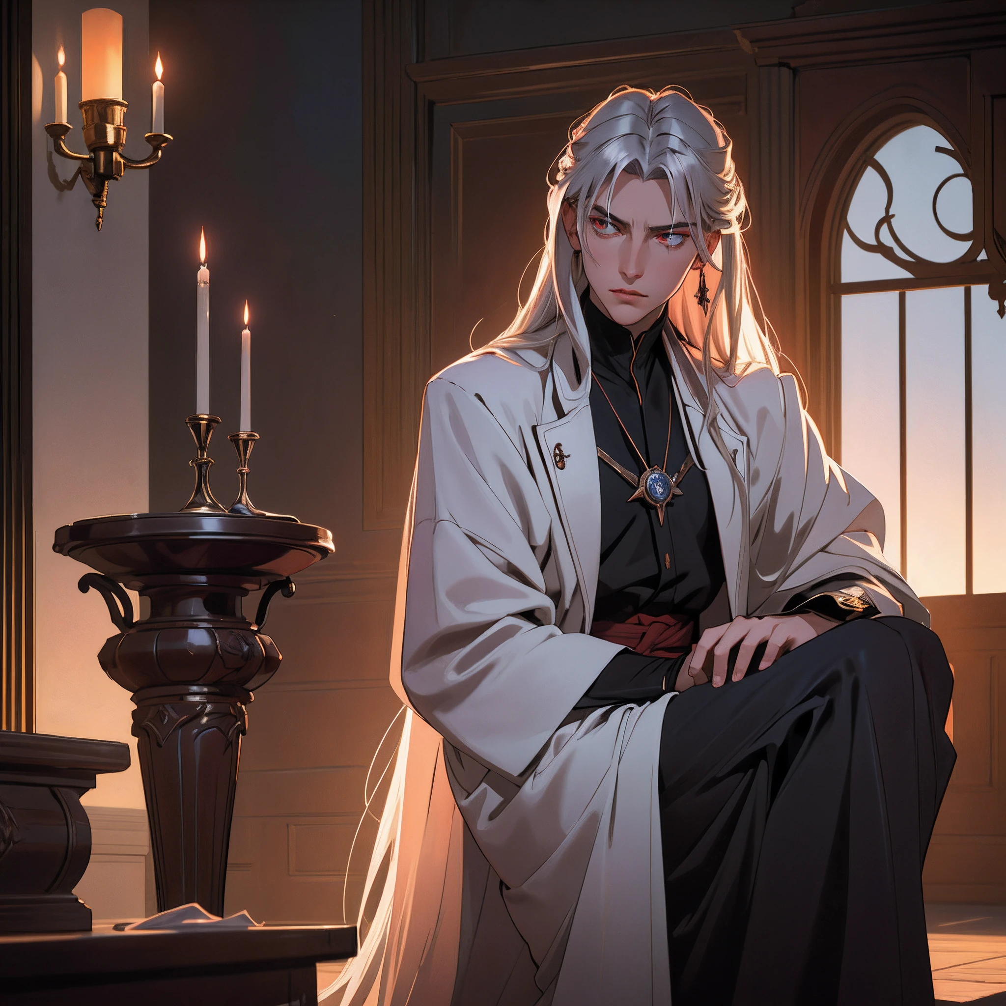 Alucard, with piercing crimson eyes (intensity:1.3), cheveux blonds, se tient haut et imposant dans un manteau noir sur mesure (hardware: laine fine) who gracefully cascades to his knees. Her silver hair (brightness:1.1) flows like liquid mercury, contrasting with her pale porcelain-like skin (ton:1.2). A dark aura surrounds it, accentuating his enigmatic expression (humeur: mystery) which alludes to unspeakable secrets. Ambient lighting (natural light: coucher de soleil) jette des ombres intrigantes sur ses traits tranchants, highlighting its strong jaw and aristocratic nose. in background, une architecture gothique vintage (style:1) adds a sense of antiquity, Improve the mysterious appeal of the photo. Un angle non conventionnel (perspective: dramatique) capture Alucard dans une pose contemplative (pose:1) with his gloved hand resting on the handle of a finely crafted katana (objet:1.1), more reflective of his complex personality,