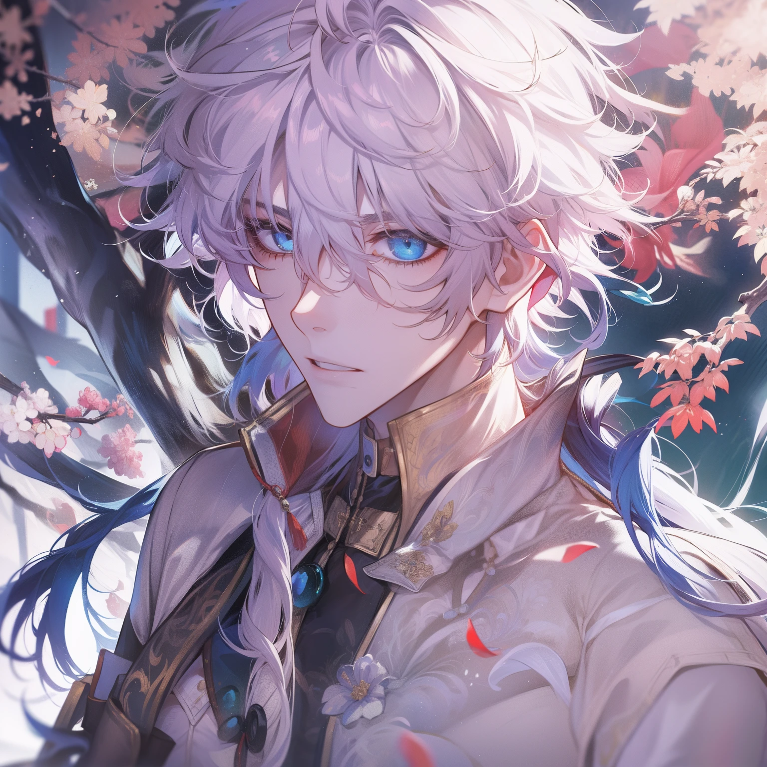 Blade from honkai star rail, calm, detailed, beautiful face, calm atmosphere, looking at viewer, interesting composition, full body, between window, masterpiece, best quality, 1 male, adult, handsome, tall, finely detailed eyes and detailed face, white hair, extremely detailed CG unity 8k wallpaper, intricate details, intricate details, maple leaves, maple, calm, good, kind, happy, white hair, blue eyes