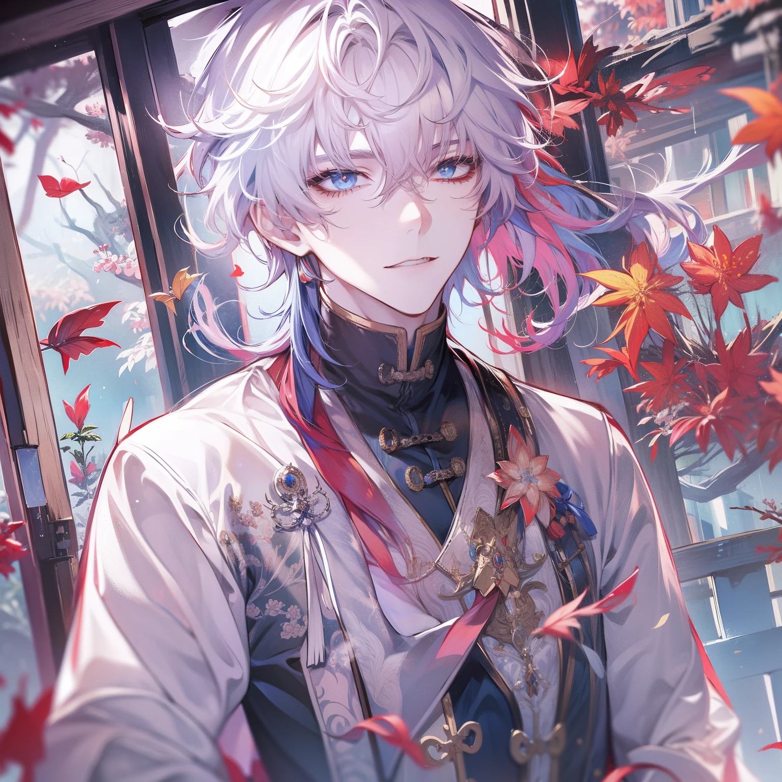 Blade from honkai star rail, calm, detailed, beautiful face, calm atmosphere, looking at viewer, interesting composition, full body, between window, masterpiece, best quality, 1 male, adult, handsome, tall, finely detailed eyes and detailed face, white hair, extremely detailed CG unity 8k wallpaper, intricate details, intricate details, maple leaves, maple, calm, good, kind, happy, white hair, blue eyes