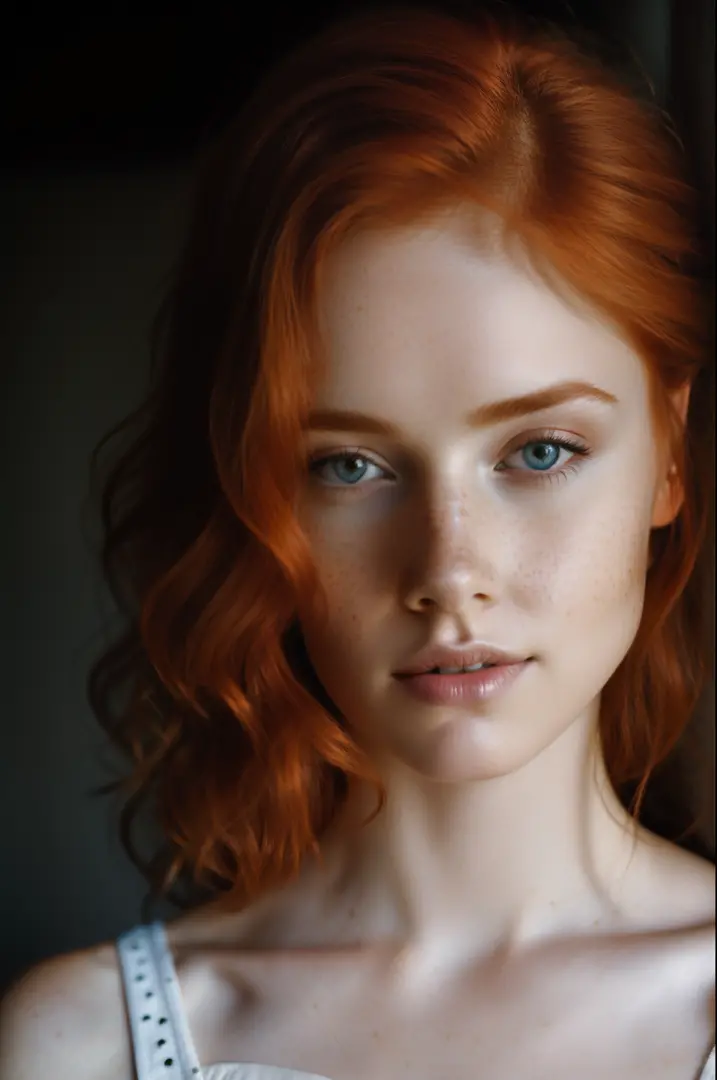 beautiful redheaded woman, freckles, slightly tilted head, dark makeup, hyper-detailed photography, soft light, head and shoulde...