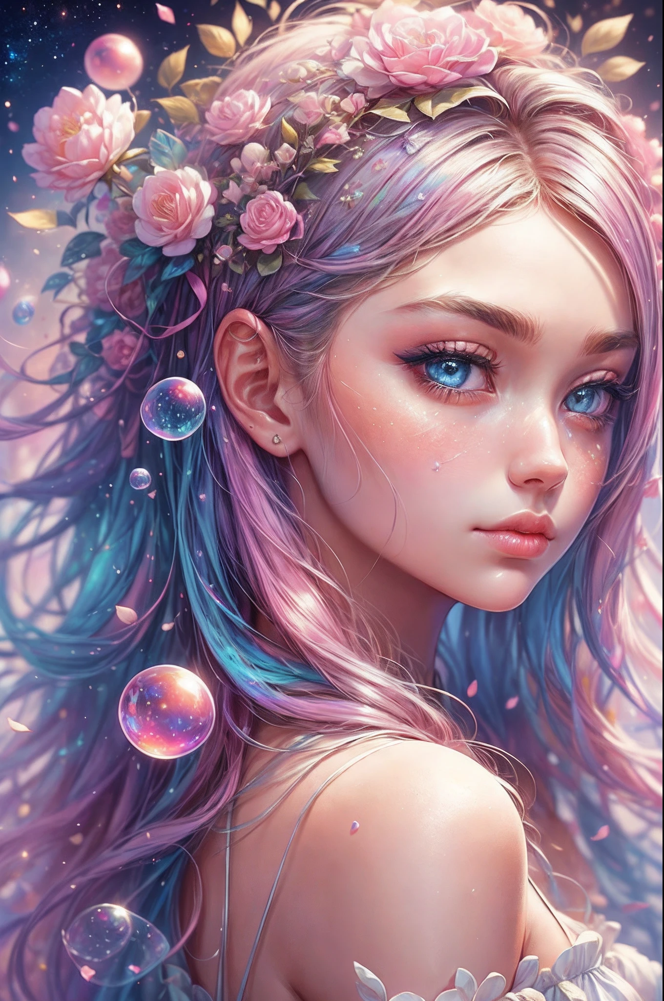 ((masterpiece)). This artwork is sweet, dreamy and ethereal, with soft pink watercolor hues and many ornate cotton candy accents. Generate a delicate and demure English fae exploring a (bubblegum world with a wide variety of pastel shades). Her sweet face is extremely detailed and realistic with elegant features and a sweet and subtle expression and looks like ((Gigi Hadid)). Include mature features, puffy lips, and stunning, highly realistic eyes. Her eyes are important and should be realistic, highly detailed, and beautiful. In high definition and detail, include lots of details like stars, galaxies, colorful bubbles, colorful petals, and lots of energy and emotion! The stars and colorful bubblegum bubbles are important! Include fantasy details, enhanced details, iridescence, colorful glittering wind, and pollen. Pay special attention to her face and make sure it is beautifully and realistically detailed. The image should be dreamy and ethereal.8k, intricate, elegant, highly detailed, majestic, digital photography