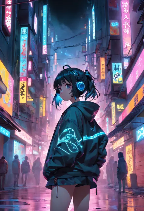 a girl, 16yo, Have a skateboard, the night，Orgy，By oneself，城市，Cyberpunk Personality，smog，Street Fashion，ear phone，the street，outside of house，neon light，smog,