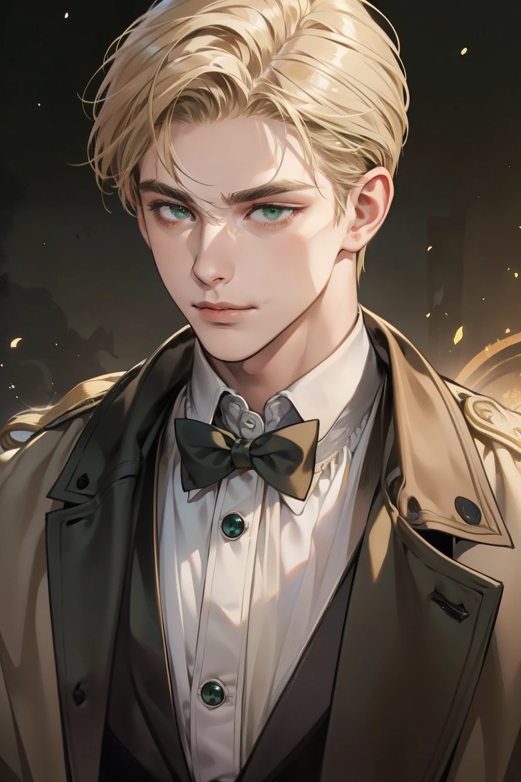 masterpiece, best quality, realistic, 1man, mature male, quiet and charming young man, 1, look serious, closed mouth, portrait, extremely detailed face, smirk, ((dark green eyes)), ((short-side-swept sandy blonde hair)), [thick eyebrows], town setting, ((detective)) (full body), (19 century London), close up