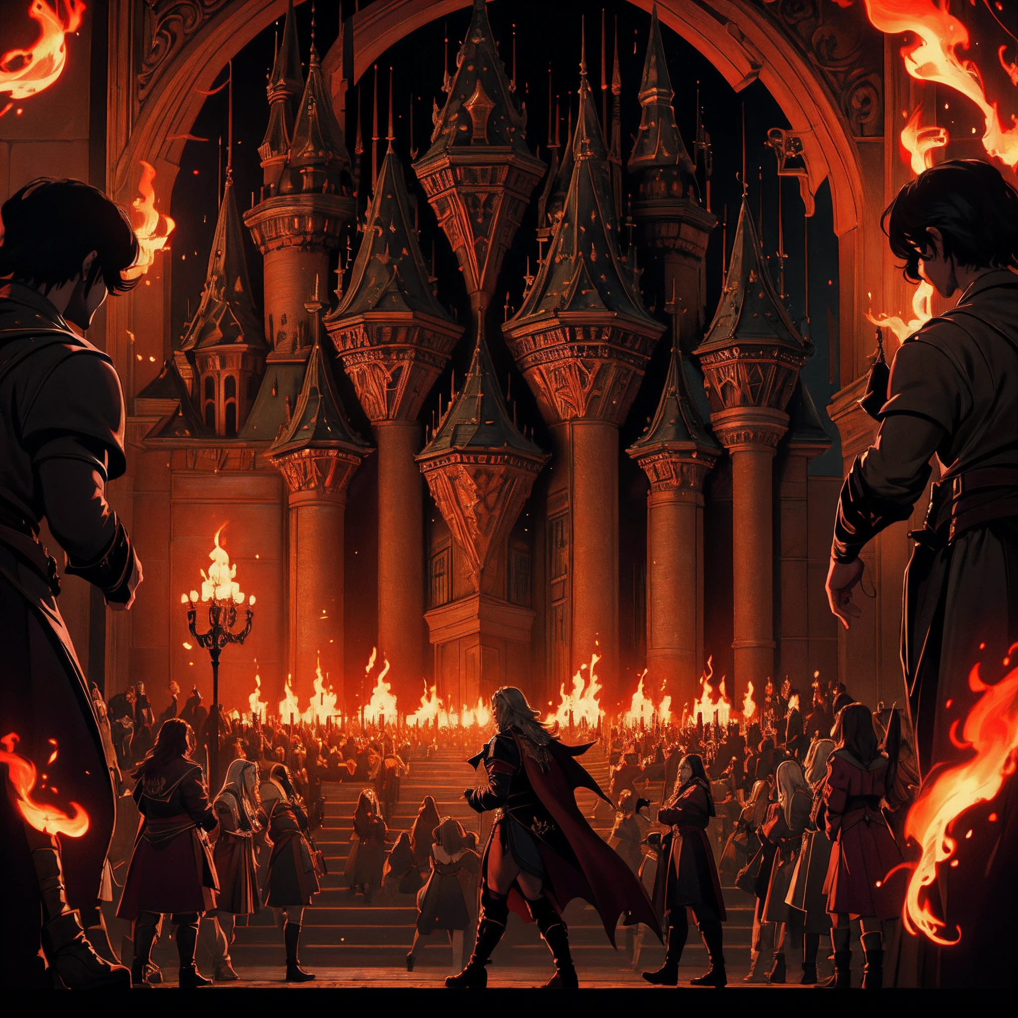 Castlevania Lord of the shadows hyper realistic super detailed scènes cinématique of demons in blazing fire super detailed cinématique scènes war