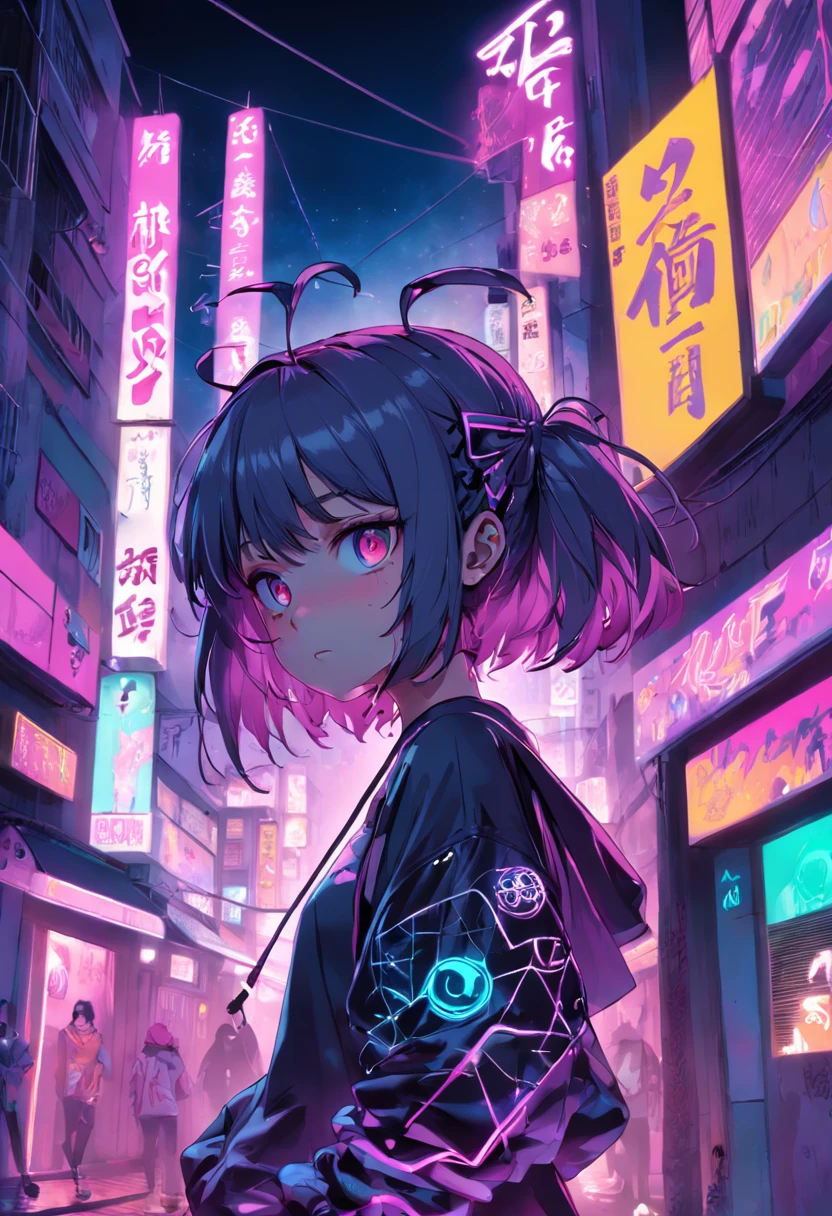 A girl with pink hair and glasses standing in a city at night - SeaArt AI