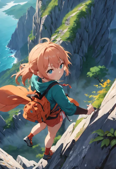 masterpiece), a cute girl climbing a mountain, mountaineering , (high angle),  adrenaline - SeaArt AI