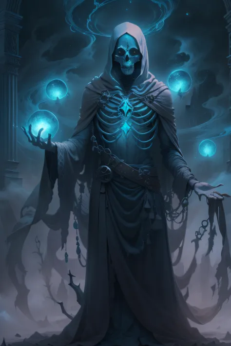 "an ethereal and haunting portrayal of a lich, bathed in eerie moonlight, emanating an aura of darkness, with glowing blue eyes and raised skeletal hands, surrounded by swirling mist and floating orbs of magical energy." ,items and skill images on slides