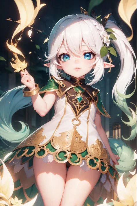 Beautiful elf with white hair and green locks with the best quality best effects best shadows best lighting 8k ultra HD super realistic